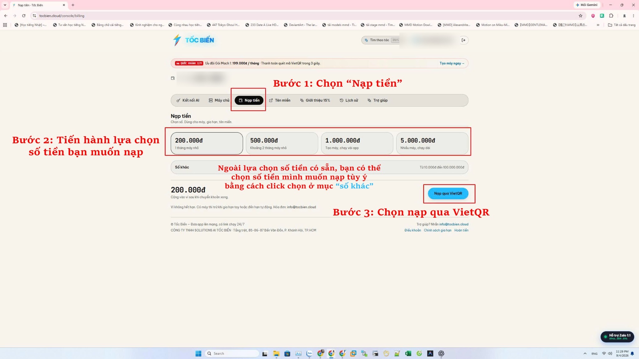 Màn hình nạp tiền VietQR của TocBien