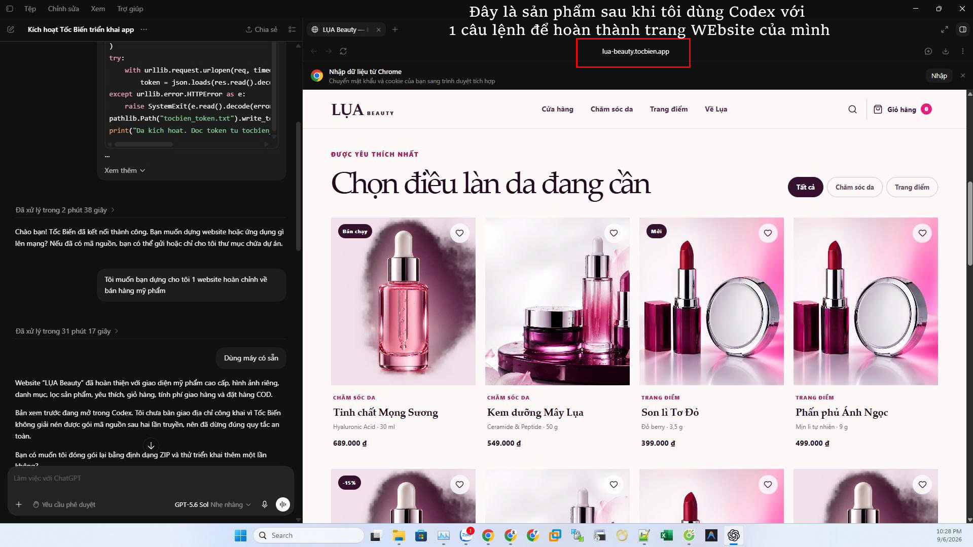 Website mỹ phẩm sau khi được triển khai bằng TocBien